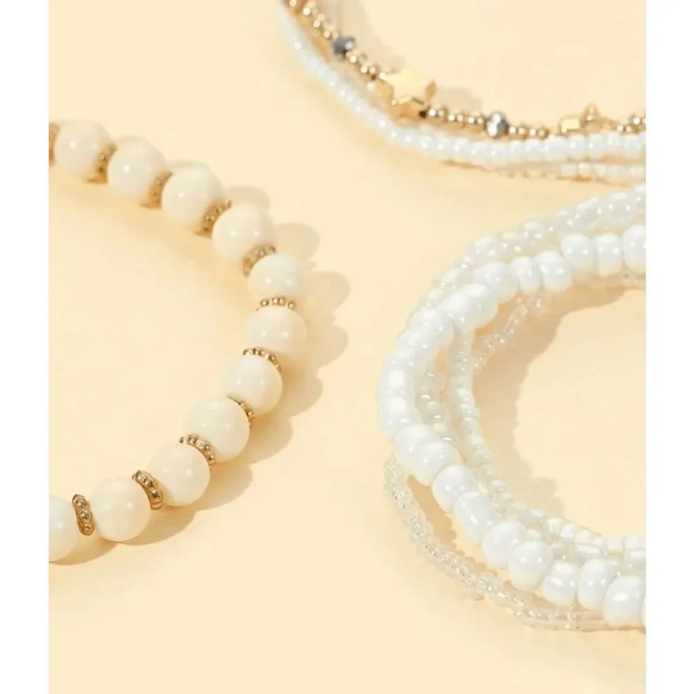White Seed Bead Neutral Stretch Stacking Bracelet Set